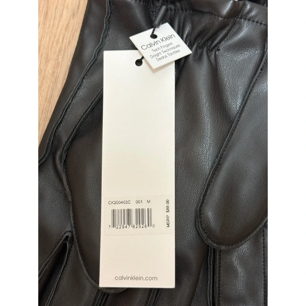Calvin Klein Womens Black Faux Leather Tech Touchscreen Gloves Size M CK200403C